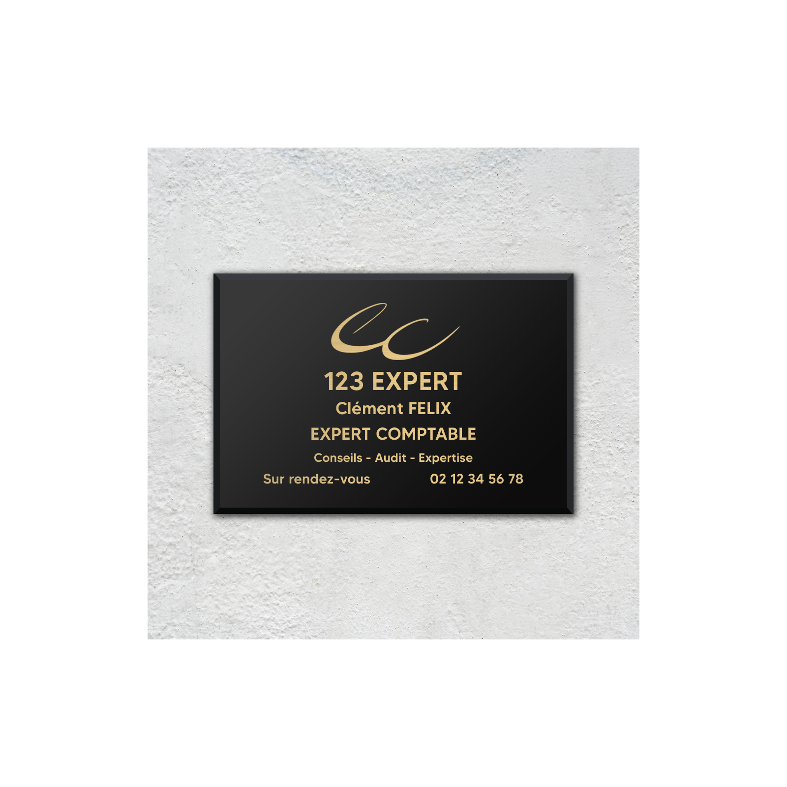 Plaque professionnelle personnalisée en plexi avec logo pour expert comptable - Argent Lettres Noires - Format 30 cm x 20 cm