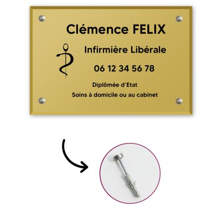 Plaque professionnelle personnalisée en plexi avec logo pour infirmière libérale - Argent Lettres Noires - Format 30 cm x 20 cm