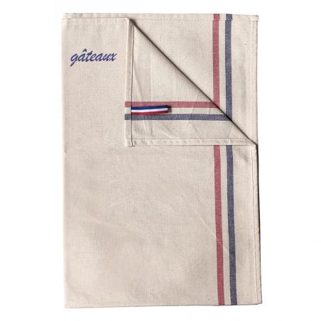 Customizable embroidered blue and red striped kitchen towel