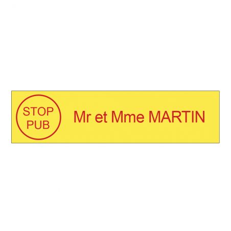 Plaque boite aux lettres personnalisée adhésive au format 100x25mm avec STOP PUB - Jaune lettres rouges - 1 ligne