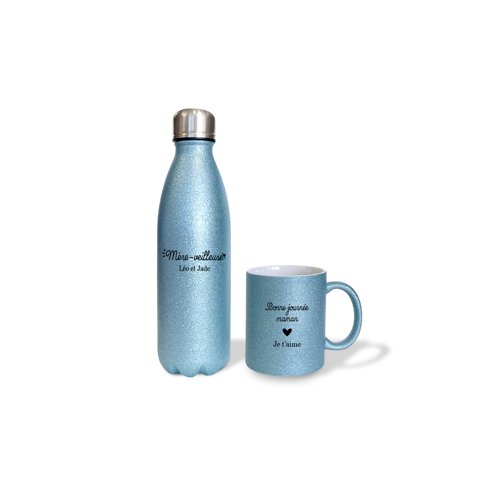 Pack Tasse + Bouteille isotherme pailletée bleuepersonnalisée · Reine de la piste de danse