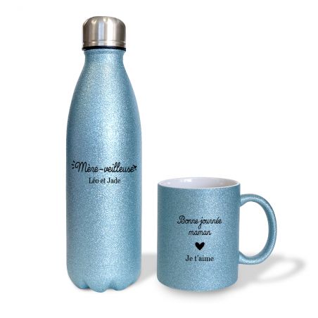 Pack Cup + Personalized blue glitter insulated bottle · Queen of the dance floor