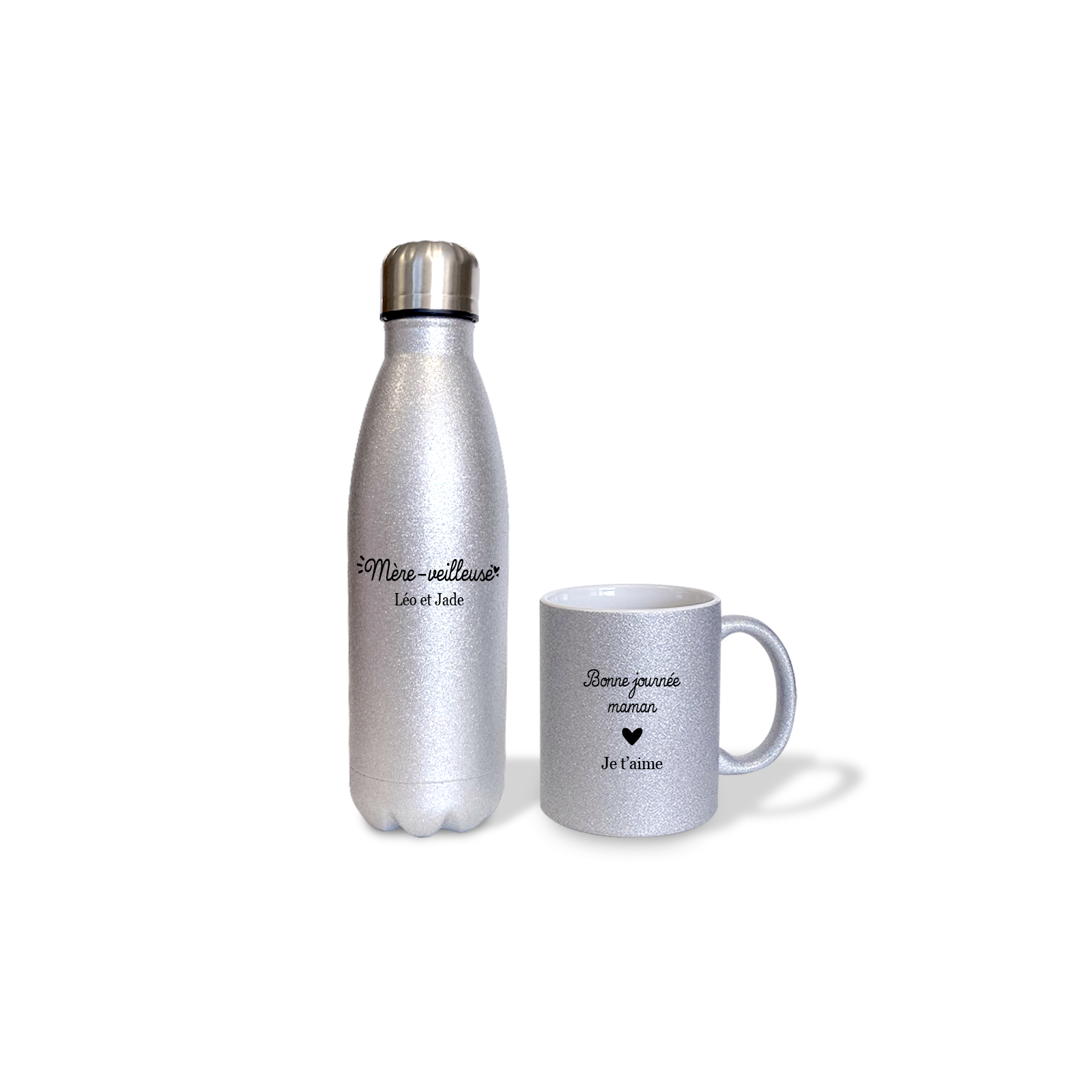 Pack Tasse + Bouteille isotherme pailletée argent personnalisée · Reine de la piste de danse