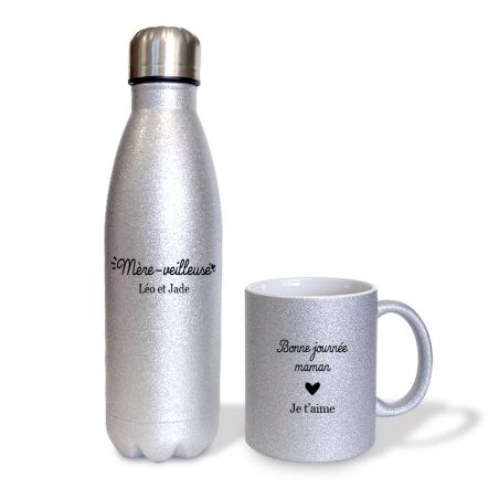 Pack Tasse + Bouteille isotherme pailletée argent personnalisée · Reine de la piste de danse