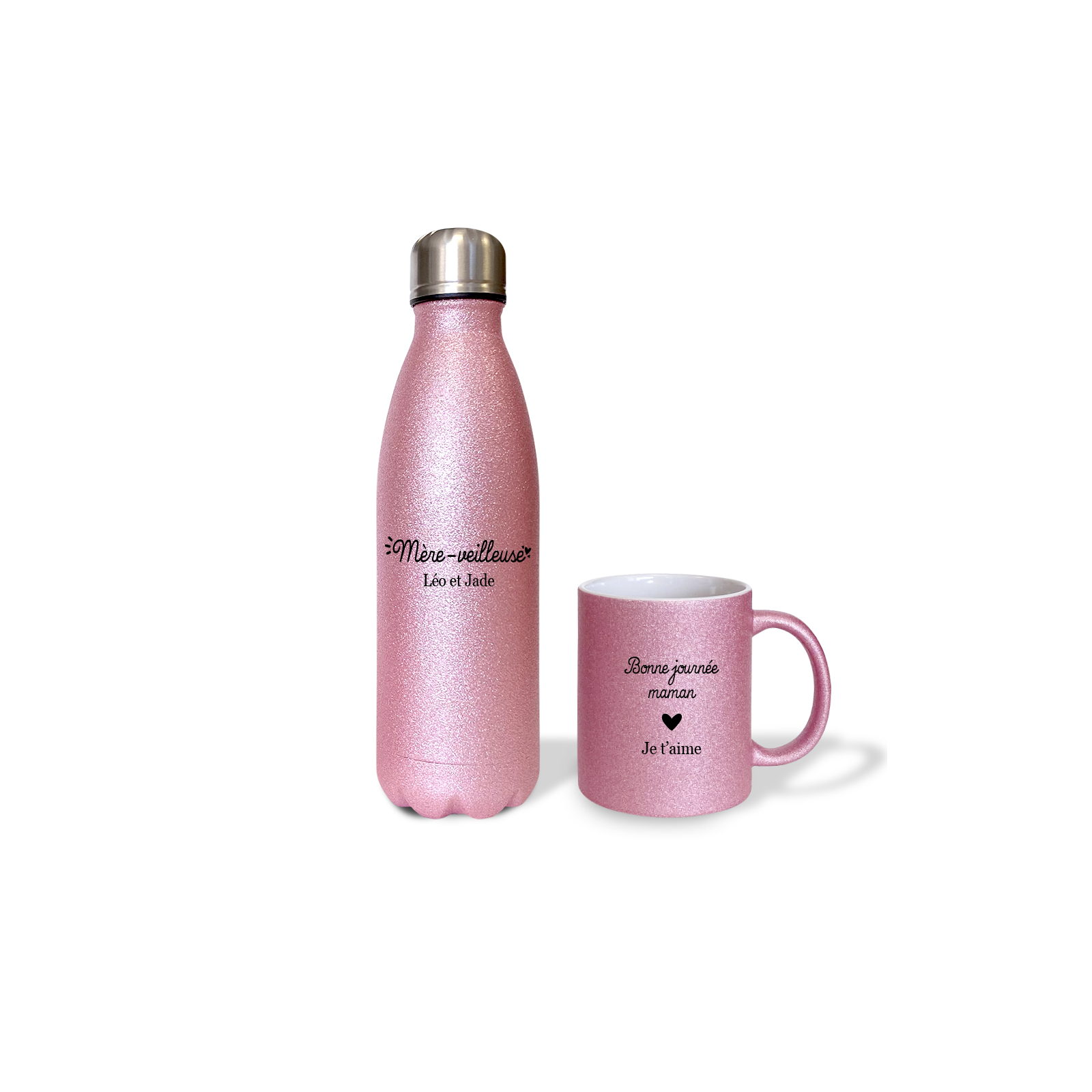 Pack Tasse + Bouteille isotherme pailletée rose personnalisée · Reine de la piste de danse