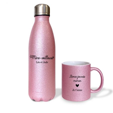 Pack Tasse + Bouteille isotherme pailletée rose personnalisée · Reine de la piste de danse