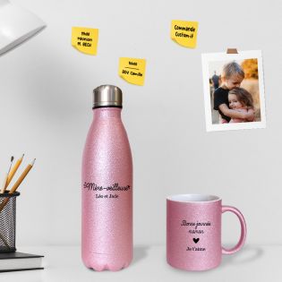 Pack Tasse + Bouteille isotherme pailletée rose personnalisée · Reine de la piste de danse