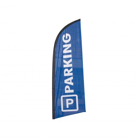 Drapeau "PARKING" avec socle 13 litres et mât. Hauteur totale 325 cm.