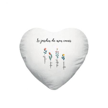 Coussin cœur + garniture personnalisable avec prénoms · Le jardin de mon cœur · Cadeau décoratif anniversaire ou fête des mères