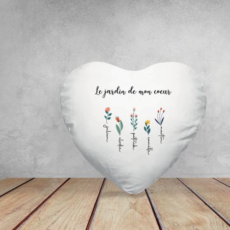 Heart cushion + customizable filling with first names · The garden of my heart · Decorative birthday or Mother's Day gift