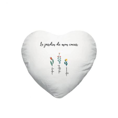 Coussin cœur + garniture personnalisable avec prénoms · Le jardin de mon cœur · Cadeau décoratif anniversaire ou fête des mères