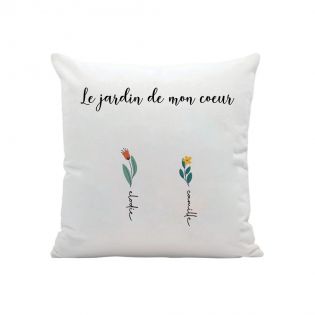 Coussin carré + garniture personnalisable avec prénoms · Le jardin de mon cœur · Cadeau décoratif anniversaire ou fête des mères