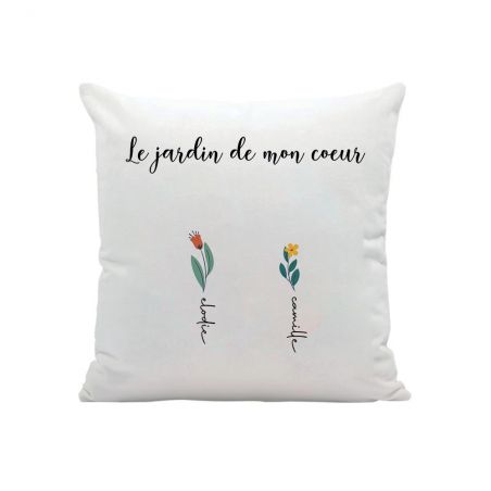 Coussin carré + garniture personnalisable avec prénoms · Le jardin de mon cœur · Cadeau décoratif anniversaire ou fête des mères