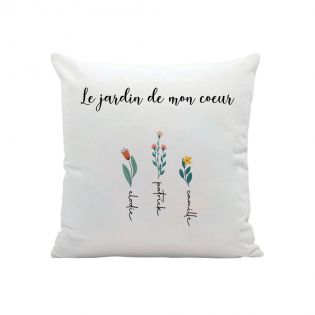 Coussin carré + garniture personnalisable avec prénoms · Le jardin de mon cœur · Cadeau décoratif anniversaire ou fête des mères