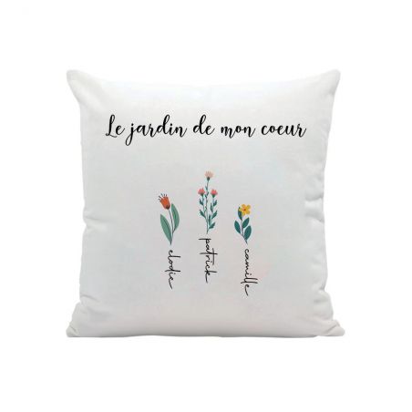 Coussin carré + garniture personnalisable avec prénoms · Le jardin de mon cœur · Cadeau décoratif anniversaire ou fête des mères