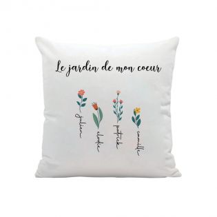 Coussin carré + garniture personnalisable avec prénoms · Le jardin de mon cœur · Cadeau décoratif anniversaire ou fête des mères