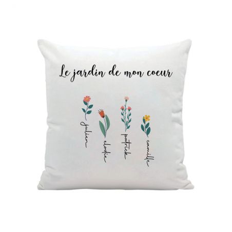 Coussin carré + garniture personnalisable avec prénoms · Le jardin de mon cœur · Cadeau décoratif anniversaire ou fête des mères