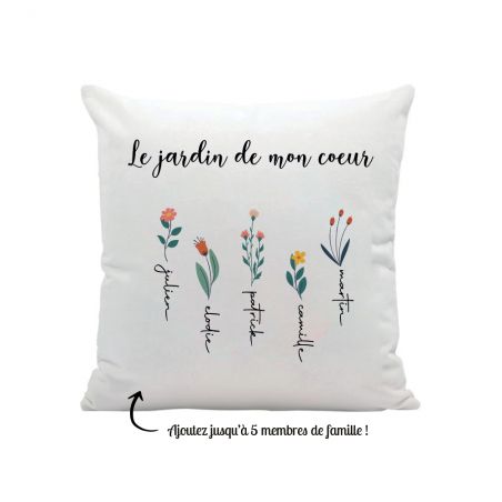 Coussin carré + garniture personnalisable avec prénoms · Le jardin de mon cœur · Cadeau décoratif anniversaire ou fête des mères