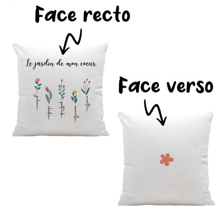 Coussin carré + garniture personnalisable avec prénoms · Le jardin de mon cœur · Cadeau décoratif anniversaire ou fête des mères