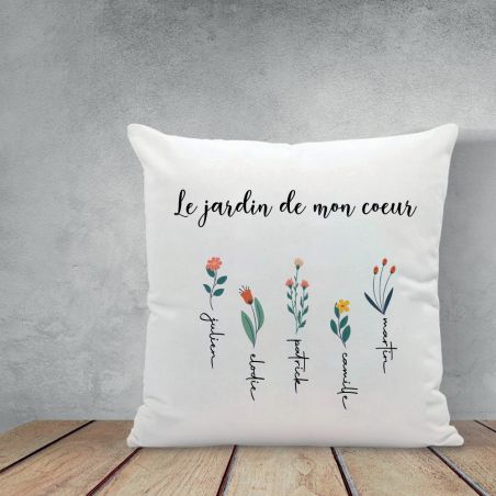 Square cushion + customizable filling with first names · The garden of my heart · Decorative birthday or Mother's Day gift