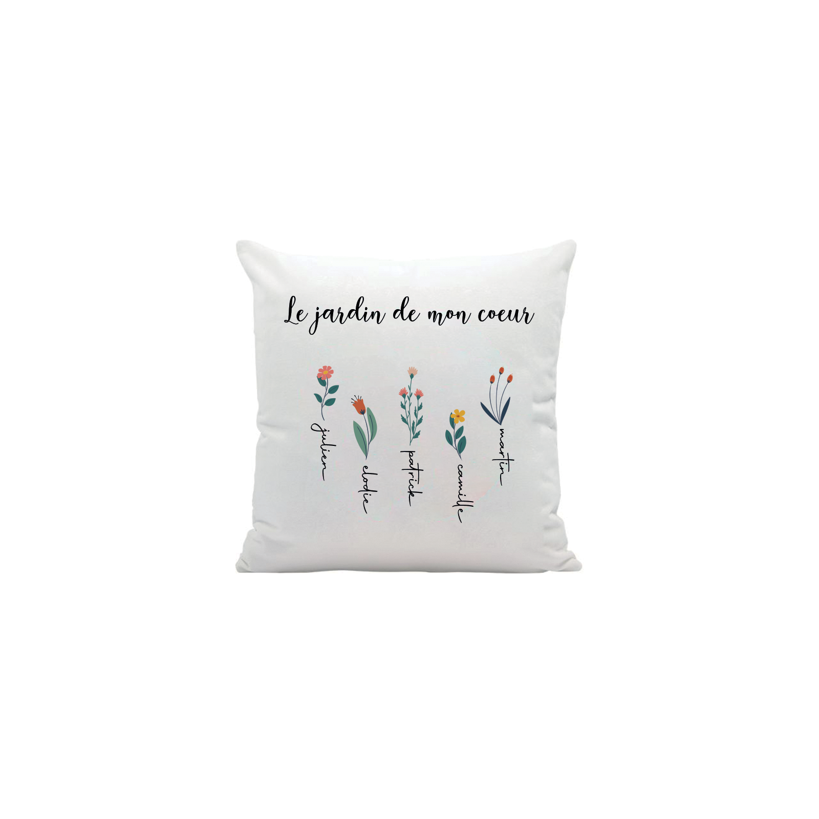 Coussin carré + garniture personnalisable avec prénoms · Le jardin de mon cœur · Cadeau décoratif anniversaire ou fête des mères