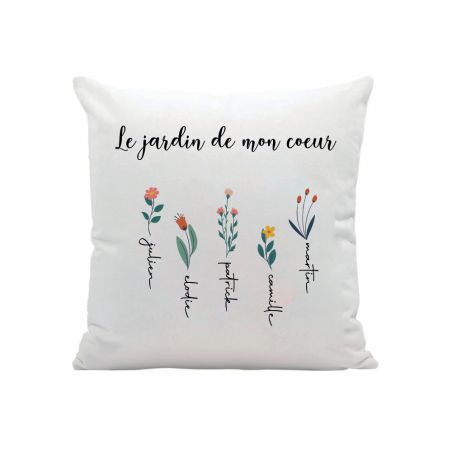 Coussin carré + garniture personnalisable avec prénoms · Le jardin de mon cœur · Cadeau décoratif anniversaire ou fête des mères