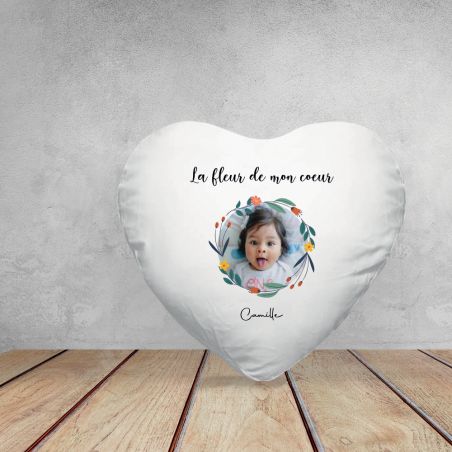 Heart cushion + customizable first name and photo trim · The flower of my heart · Decorative Mother's Day gift