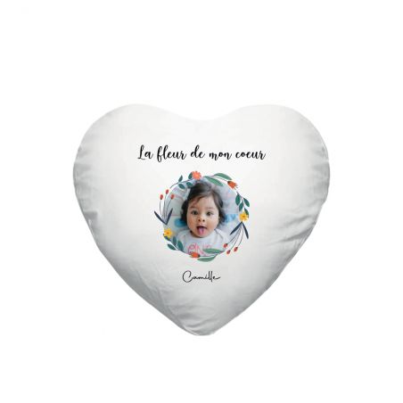 Heart cushion + customizable first name and photo trim · The flower of my heart · Decorative Mother's Day gift