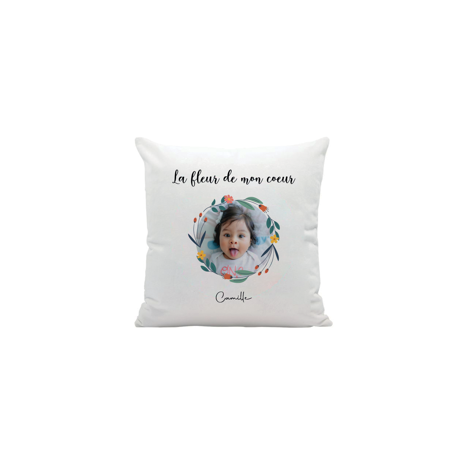 Coussin carré + garniture personnalisable avec prénoms · La fleur de mon cœur · Cadeau décoratif anniversaire maman