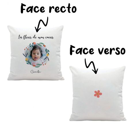 Coussin carré + garniture personnalisable avec prénoms · La fleur de mon cœur · Cadeau décoratif anniversaire maman