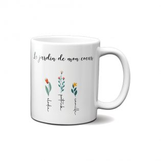 Mug en céramique blanc personnalisable avec prénoms · Le jardin de mon cœur · Cadeau anniversaire maman ou fête des mères