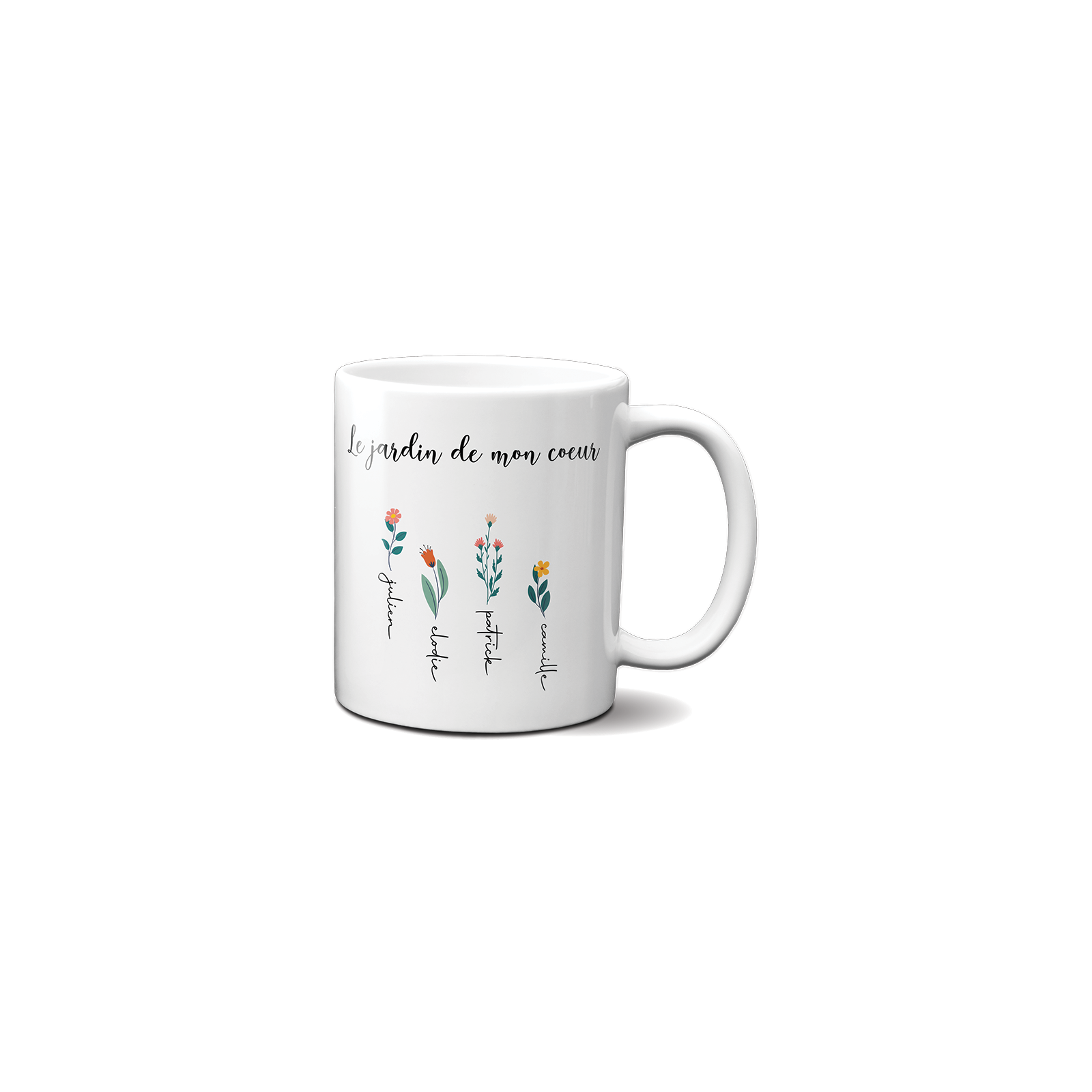 Mug en céramique blanc personnalisable avec prénoms · Le jardin de mon cœur · Cadeau anniversaire maman ou fête des mères