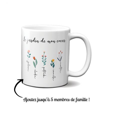 Mug en céramique blanc personnalisable avec prénoms · Le jardin de mon cœur · Cadeau anniversaire maman ou fête des mères