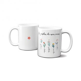 Customizable white ceramic mug with first names · The garden of my heart · Mom's birthday or Mother's Day gift