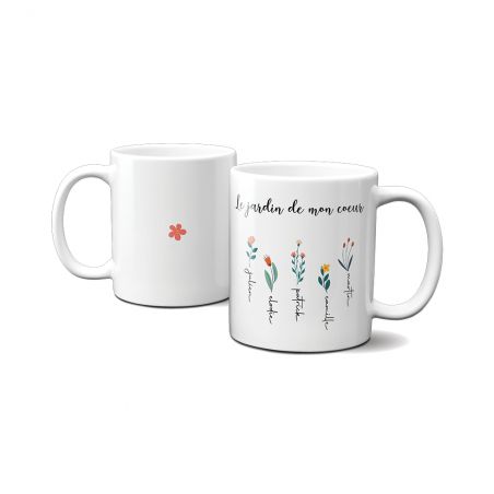 Mug en céramique blanc personnalisable avec prénoms · Le jardin de mon cœur · Cadeau anniversaire maman ou fête des mères