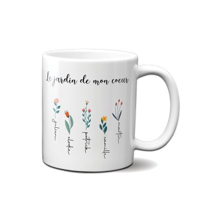 Customizable white ceramic mug with first names · The garden of my heart · Mom's birthday or Mother's Day gift