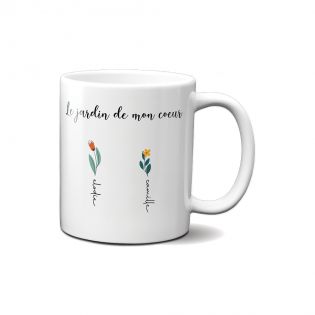 Customizable white ceramic mug with first names · The garden of my heart · Mom's birthday or Mother's Day gift