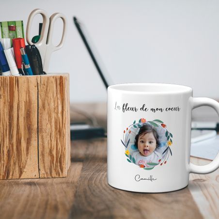 Tasse blanche personnalisable avec prénom et photo · Le jardin de mon cœur · Cadeau anniversaire maman ou fête des mères