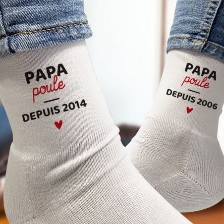 Paire de Chaussettes personnalisées Texte · Papa Poule avec date · Cadeau anniversaire papa ou fête des pères