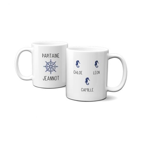 Mug en céramique blanc personnalisé avec prénoms petits-enfants · Papitaine · Cadeau papy