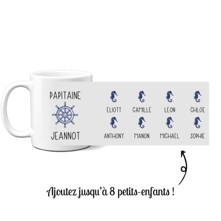 Mug en céramique blanc personnalisé avec prénoms petits-enfants · Papitaine · Cadeau papy