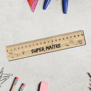 Règle graduée 20 cm effet bois personnalisée avec texte ou prénom · Super Maître · Cadeau fin d'année scolaire