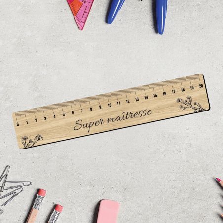 Graduated ruler 20 cm wood effect personalized with text or first name · Super Mistress · End of school year gift