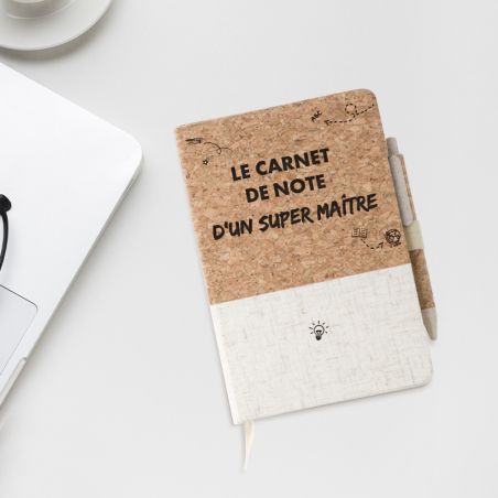 Super Maître notebook · Original end-of-year school gift · Personalized cork cover + pens