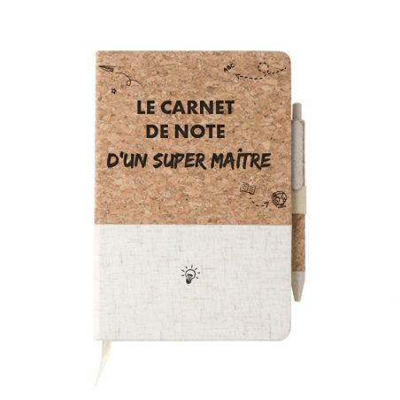 Carnet de note Super Maître · Cadeau fin d'année école original · Couverture en liège personnalisée + stylos