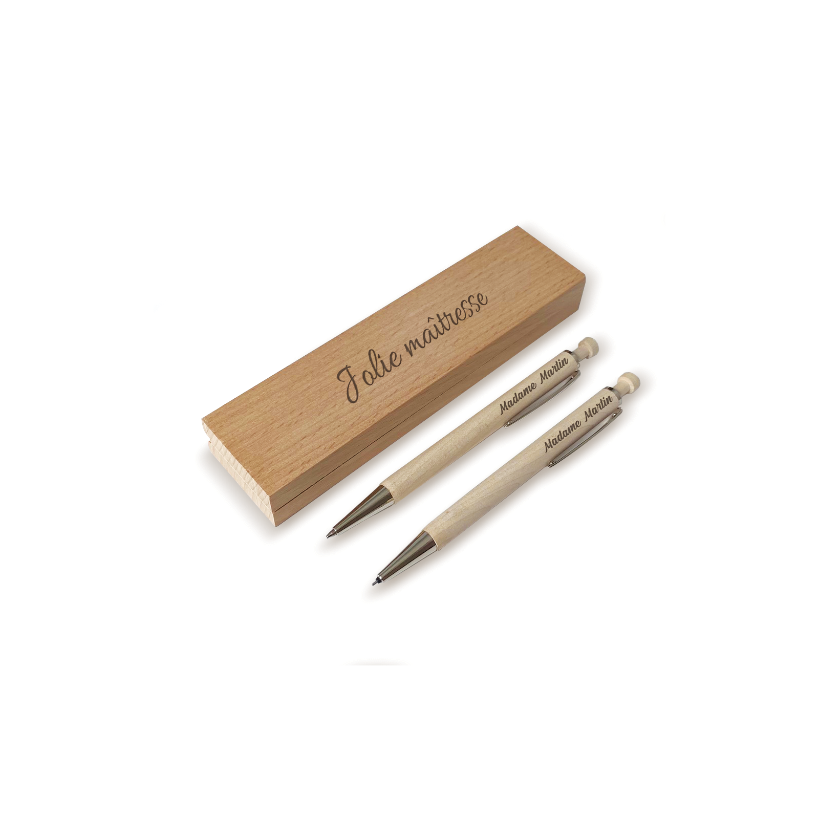 Ballpoint pen & criterium + Case personalized by engraving · Maple wood · End of year teacher gift