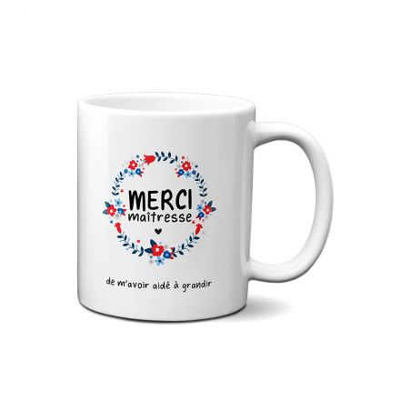 Tasse Merci Maîtresse personnalisée avec couronne de fleurs · Idée cadeau Super Maîtresse Fin d'année scolaire 