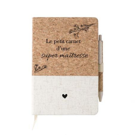 Carnet de note Super Maîtresse · Cadeau fin d'année scolaire · Couverture en liège personnalisée + stylos