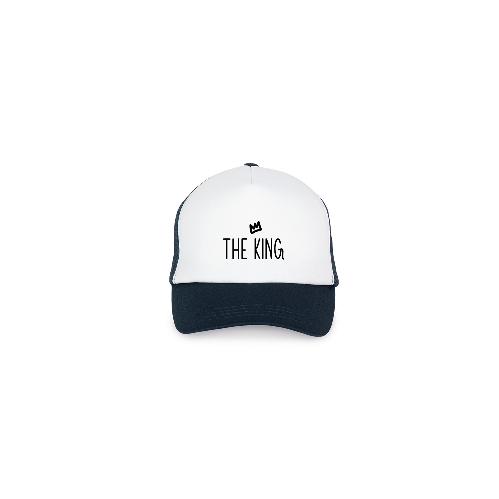 Blue and white adjustable foam trucker cap, customizable with text and photo · Fashion accessory idea for men