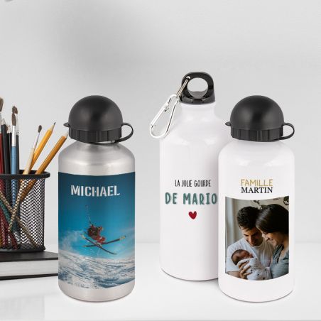 Gourde aluminium 500 mL personnalisable avec Texte et Photo · Petite bouteille d'eau isotherme transportable